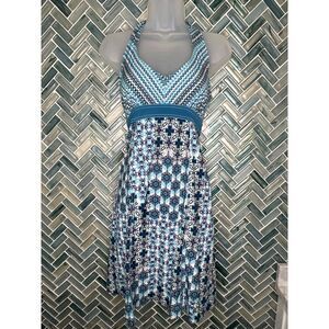 ATHLETA BLUE WHITE MEDALLION‎ PACK EVERYWHERE PERFORMANCE HALTER DRESS SZ 0